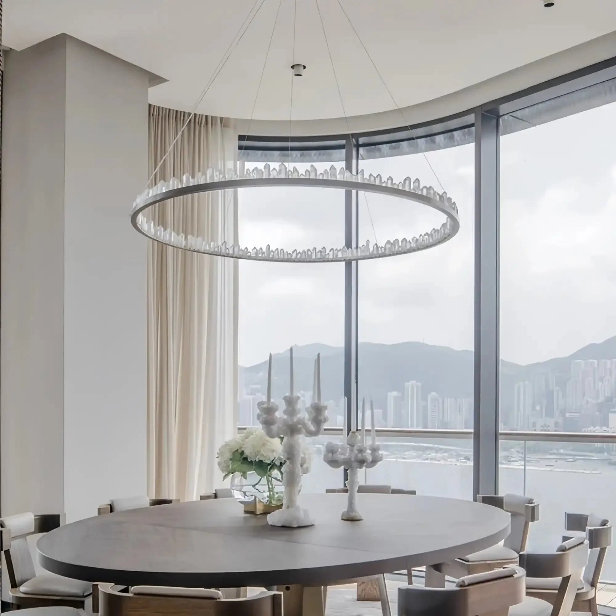 Round Modern Chandelier Brass & Clear Geode Quartz Crystal Hanging Light - Joyfuzzy