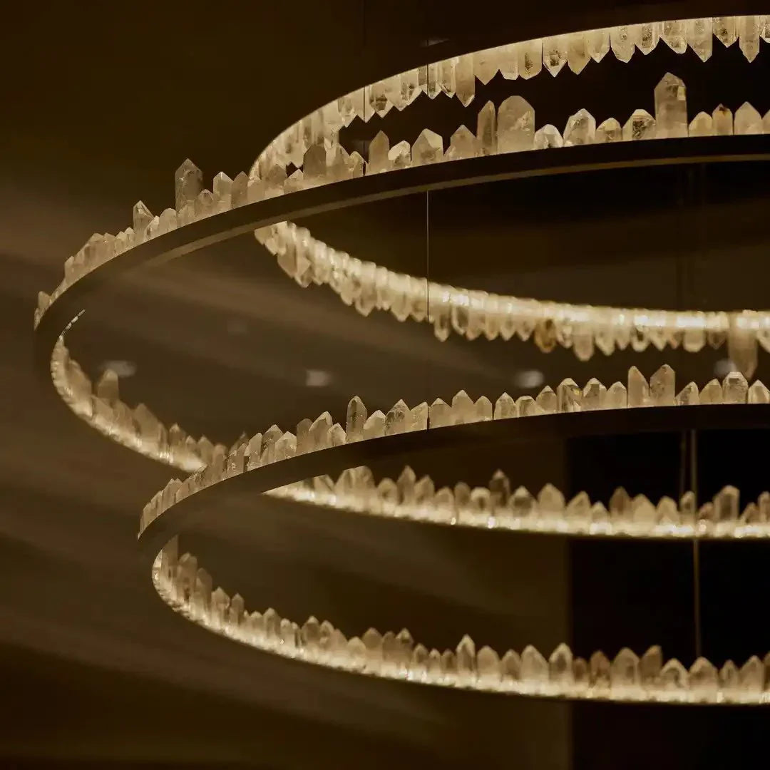 Round Modern Chandelier Brass & Clear Geode Quartz Crystal Hanging Light - Joyfuzzy