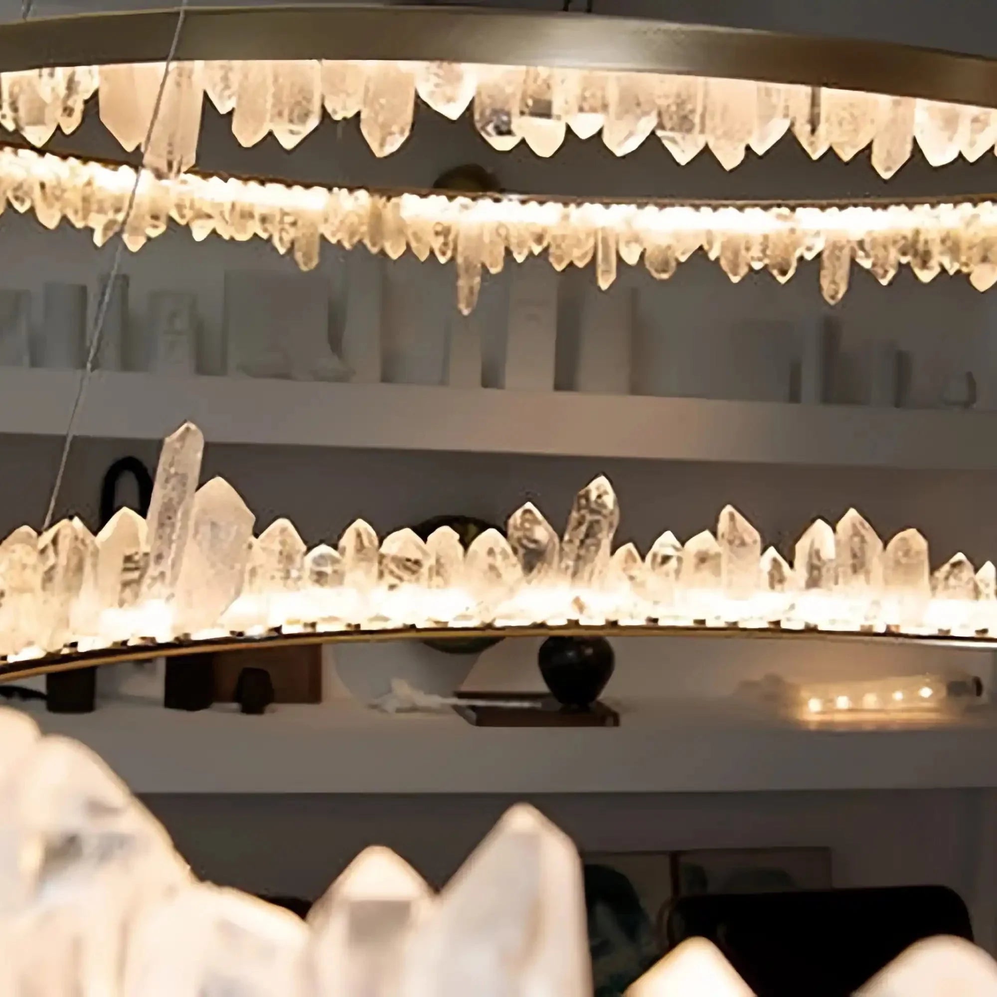 Round Modern Chandelier Brass & Clear Geode Quartz Crystal Hanging Light - Joyfuzzy