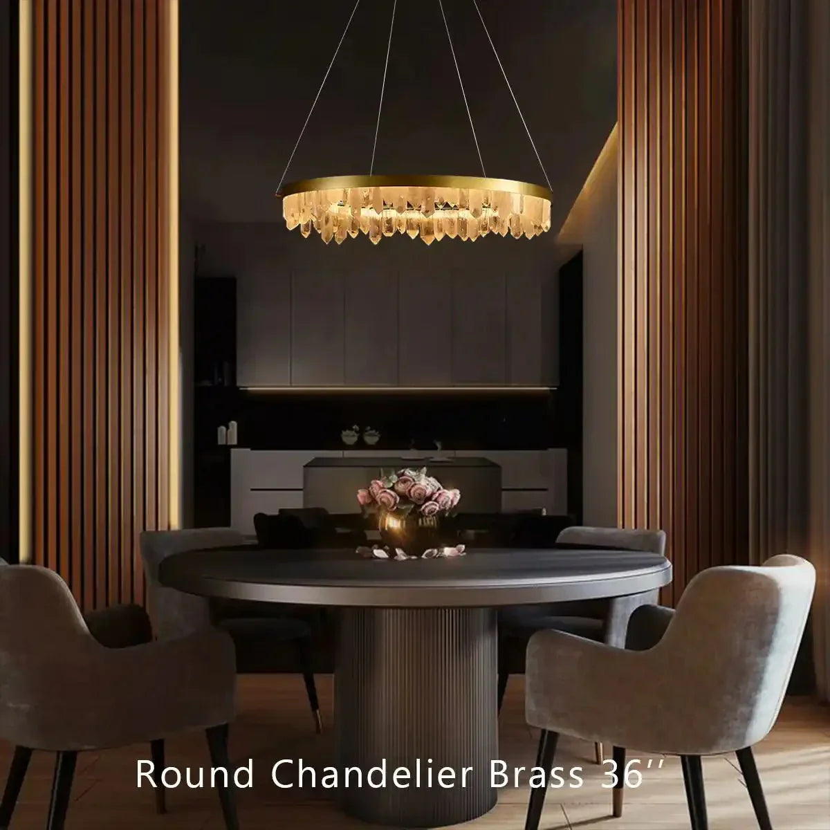 Round Modern Chandelier Brass & Clear Geode Quartz Crystal Hanging Light - Joyfuzzy