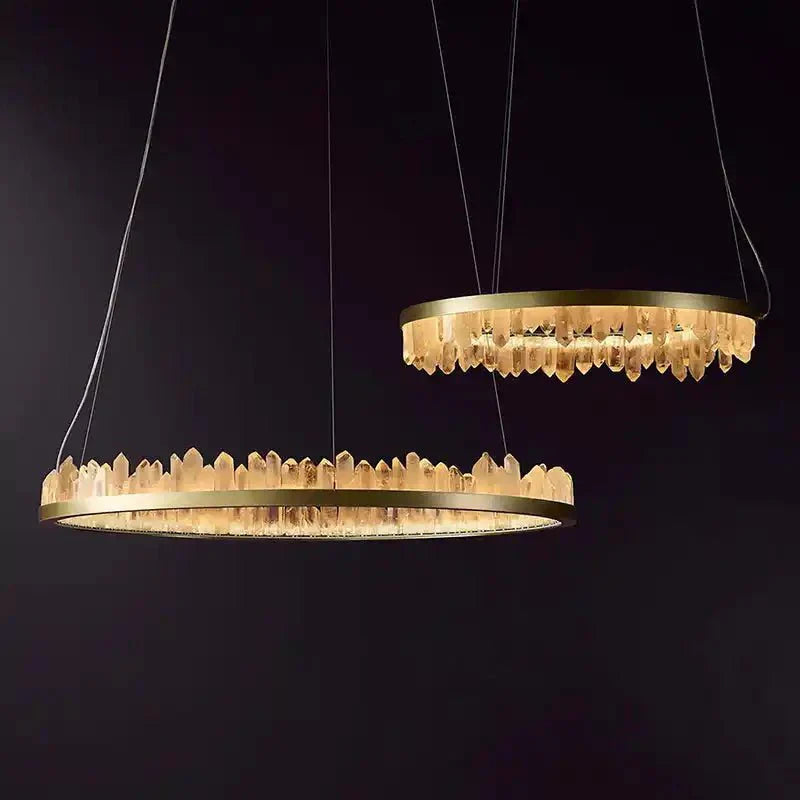 Round Modern Chandelier Brass & Clear Geode Quartz Crystal Hanging Light - Joyfuzzy