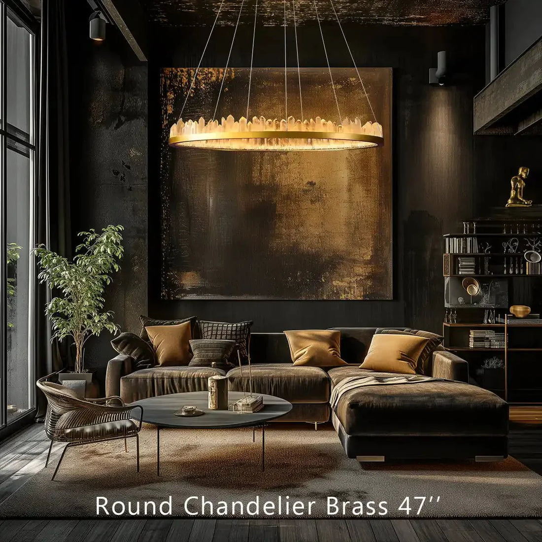 Round Modern Chandelier Brass & Clear Geode Quartz Crystal Hanging Light - Joyfuzzy