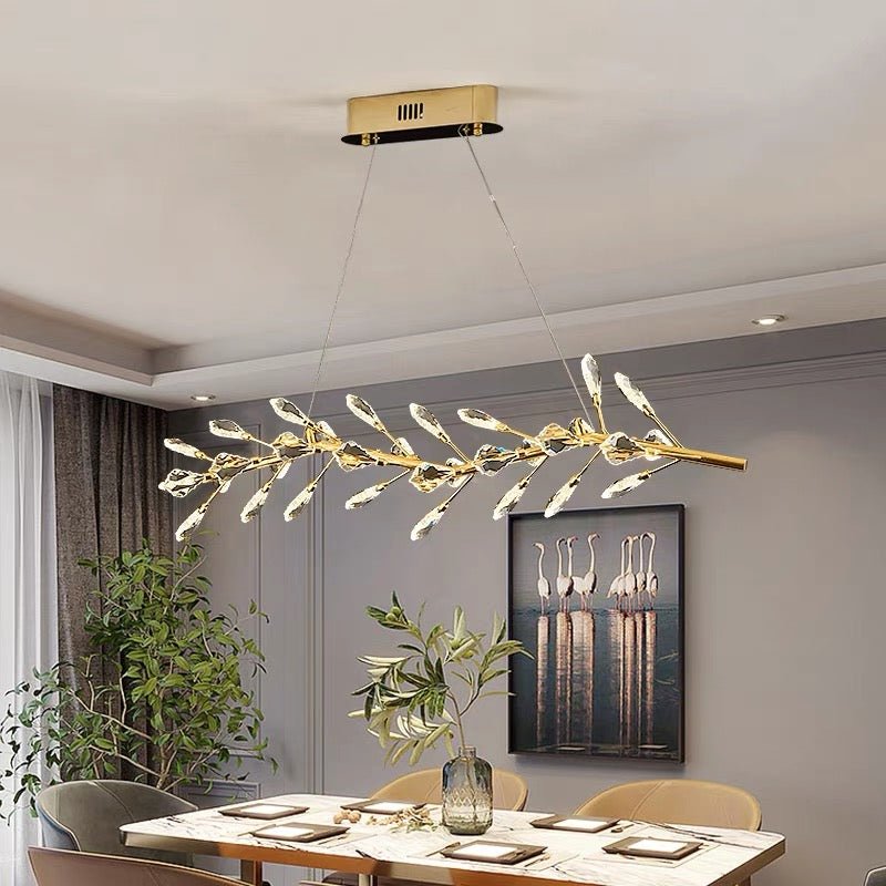 Sleek Modern Branch Crystal Leaves Linear Chandelier for Kitchen Island and Dining Room - L39.4"(L100cm)Warm LightJoyfuzzy