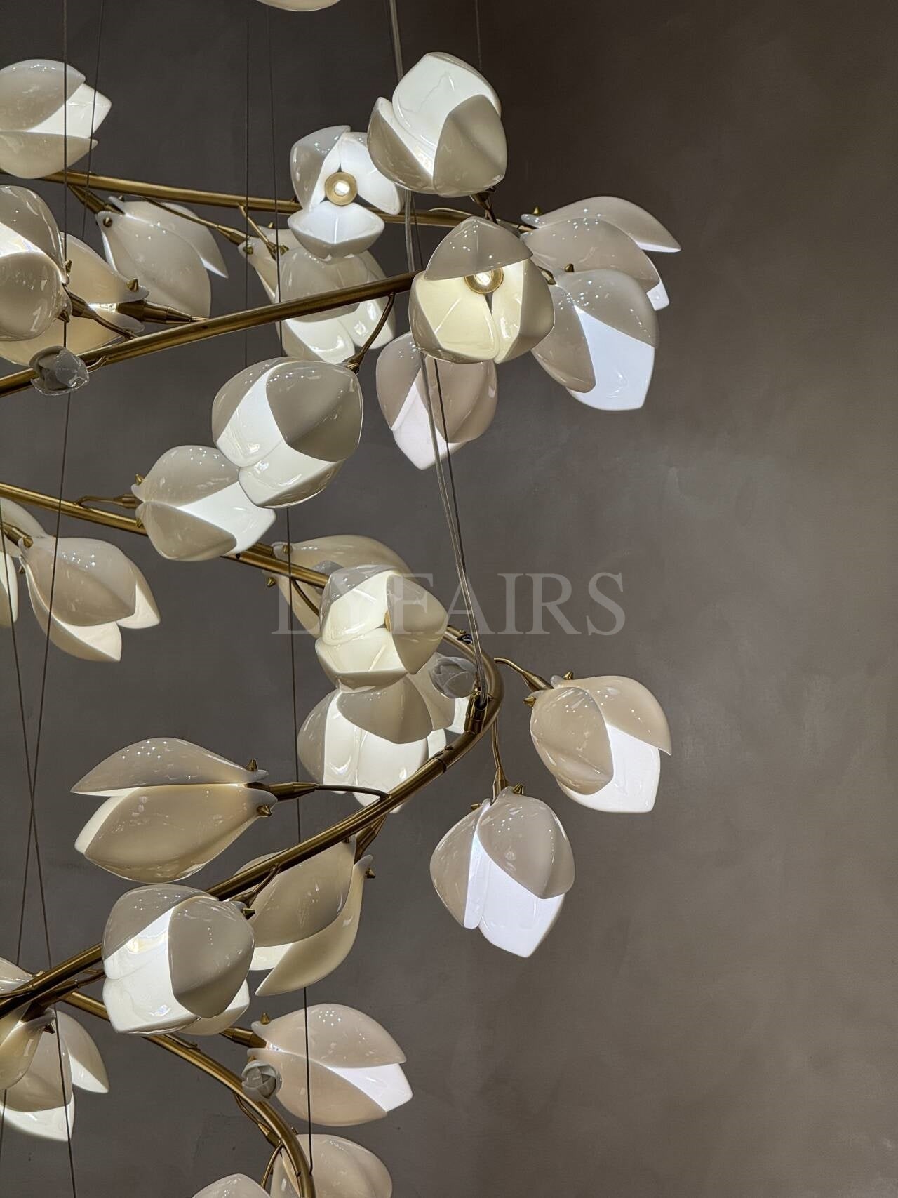 Spiral Pure White Magnolia Chandelier with Golden Branches for Staircase/High - ceiling Space/Foyer/ Duplex - D31.5"*H70.9"/36.9KgWarm LightJoyfuzzy