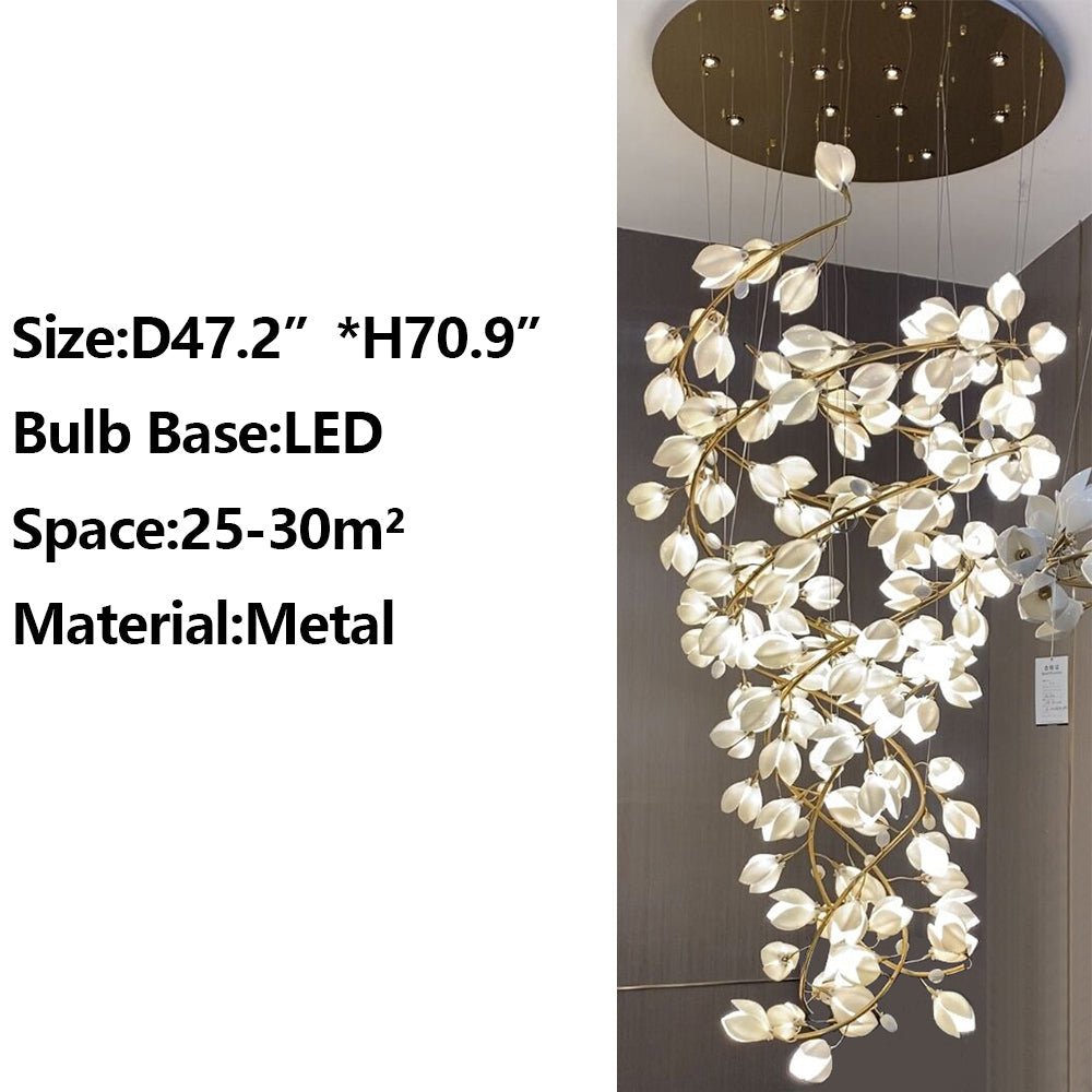 Spiral Pure White Magnolia Chandelier with Golden Branches for Staircase/High - ceiling Space/Foyer/ Duplex - D31.5"*H70.9"/36.9KgWarm LightJoyfuzzy