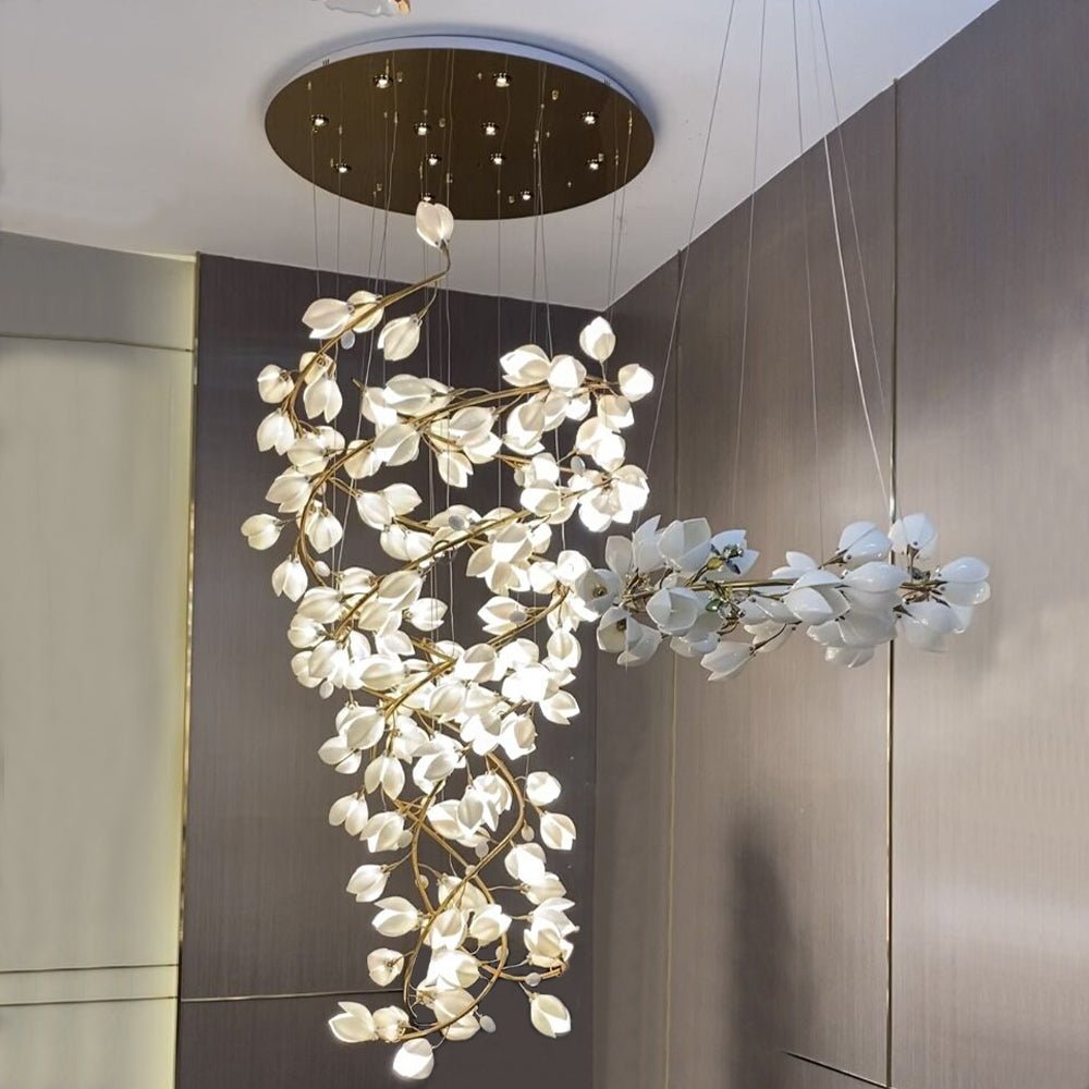 Spiral Pure White Magnolia Chandelier with Golden Branches for Staircase/High - ceiling Space/Foyer/ Duplex - D31.5"*H70.9"/36.9KgWarm LightJoyfuzzy