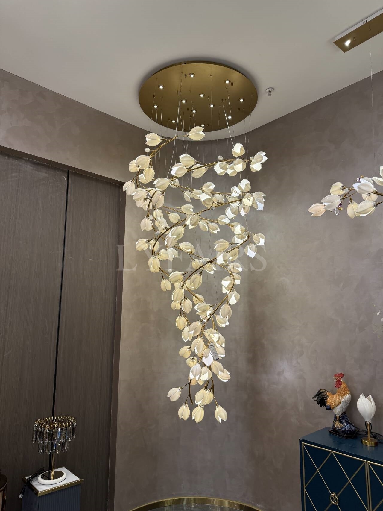 Spiral Pure White Magnolia Chandelier with Golden Branches for Staircase/High - ceiling Space/Foyer/ Duplex - D31.5"*H70.9"/36.9KgWarm LightJoyfuzzy