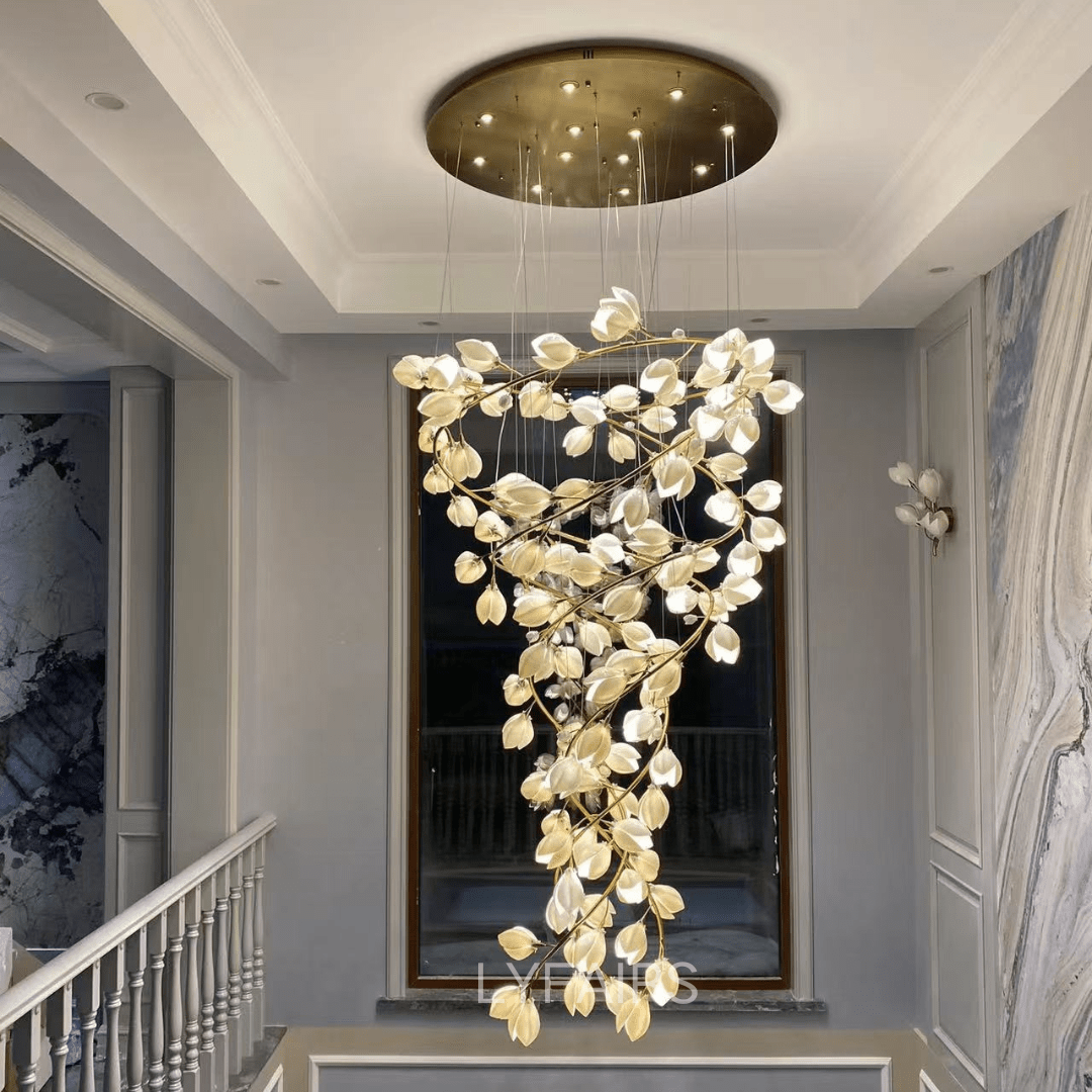 Spiral Pure White Magnolia Chandelier with Golden Branches for Staircase/High - ceiling Space/Foyer/ Duplex - D31.5"*H70.9"/36.9KgWarm LightJoyfuzzy