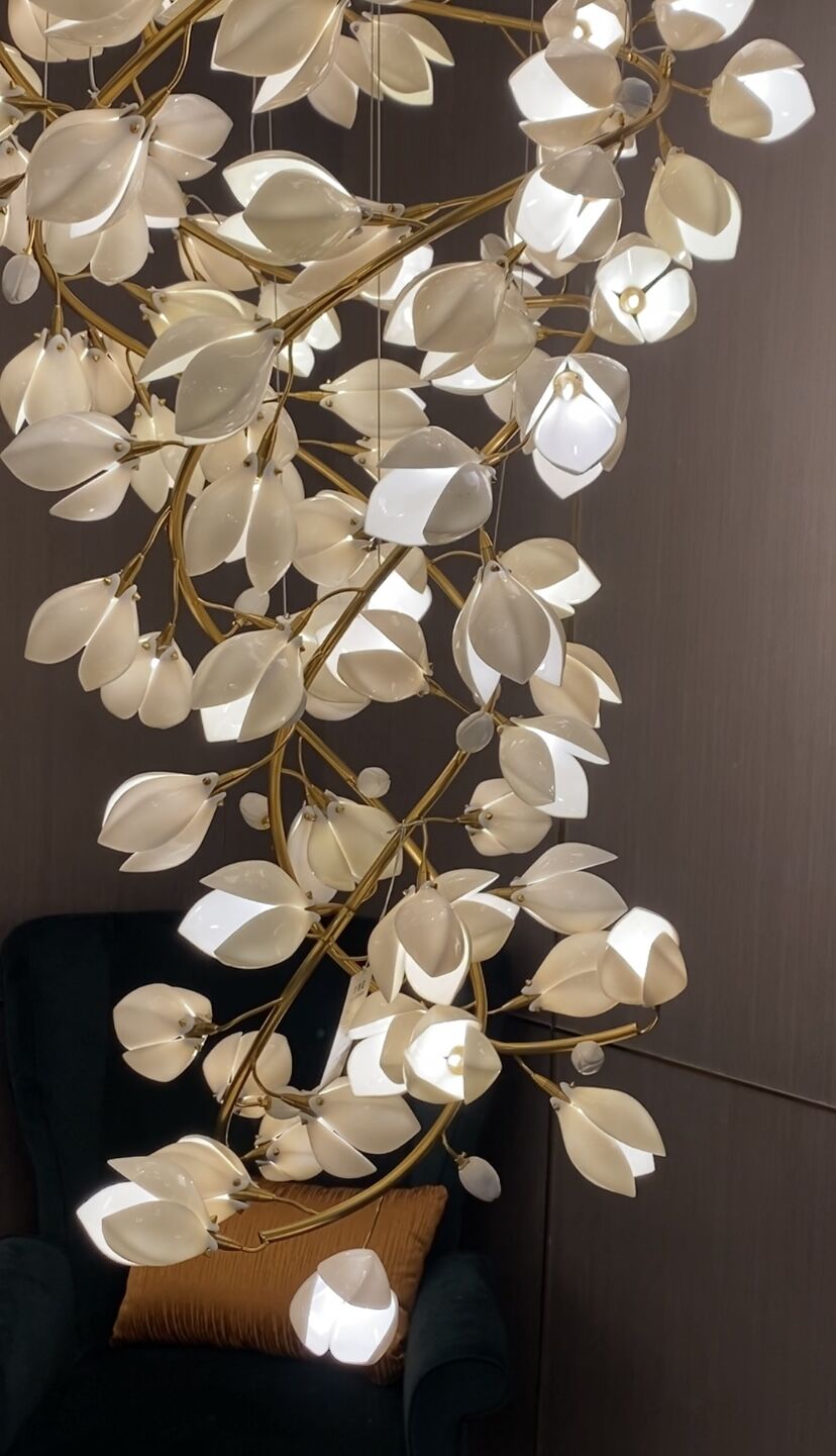 Spiral Pure White Magnolia Chandelier with Golden Branches for Staircase/High - ceiling Space/Foyer/ Duplex - D31.5"*H70.9"/36.9KgWarm LightJoyfuzzy