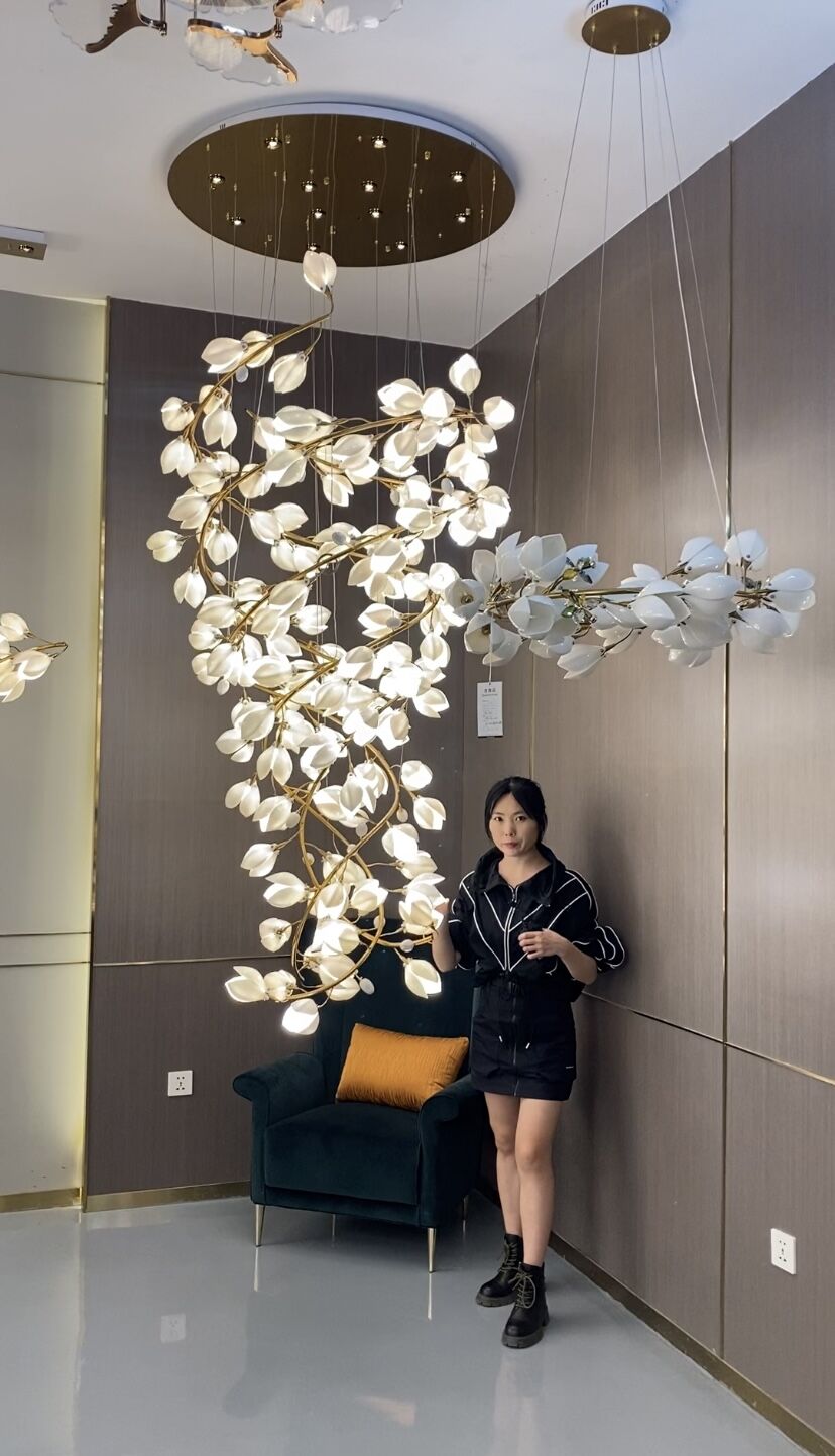 Spiral Pure White Magnolia Chandelier with Golden Branches for Staircase/High - ceiling Space/Foyer/ Duplex - D31.5"*H70.9"/36.9KgWarm LightJoyfuzzy