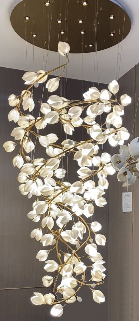 Spiral Pure White Magnolia Chandelier with Golden Branches for Staircase/High - ceiling Space/Foyer/ Duplex - D31.5"*H70.9"/36.9KgWarm LightJoyfuzzy