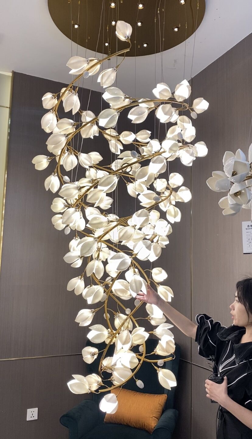 Spiral Pure White Magnolia Chandelier with Golden Branches for Staircase/High - ceiling Space/Foyer/ Duplex - D31.5"*H70.9"/36.9KgWarm LightJoyfuzzy