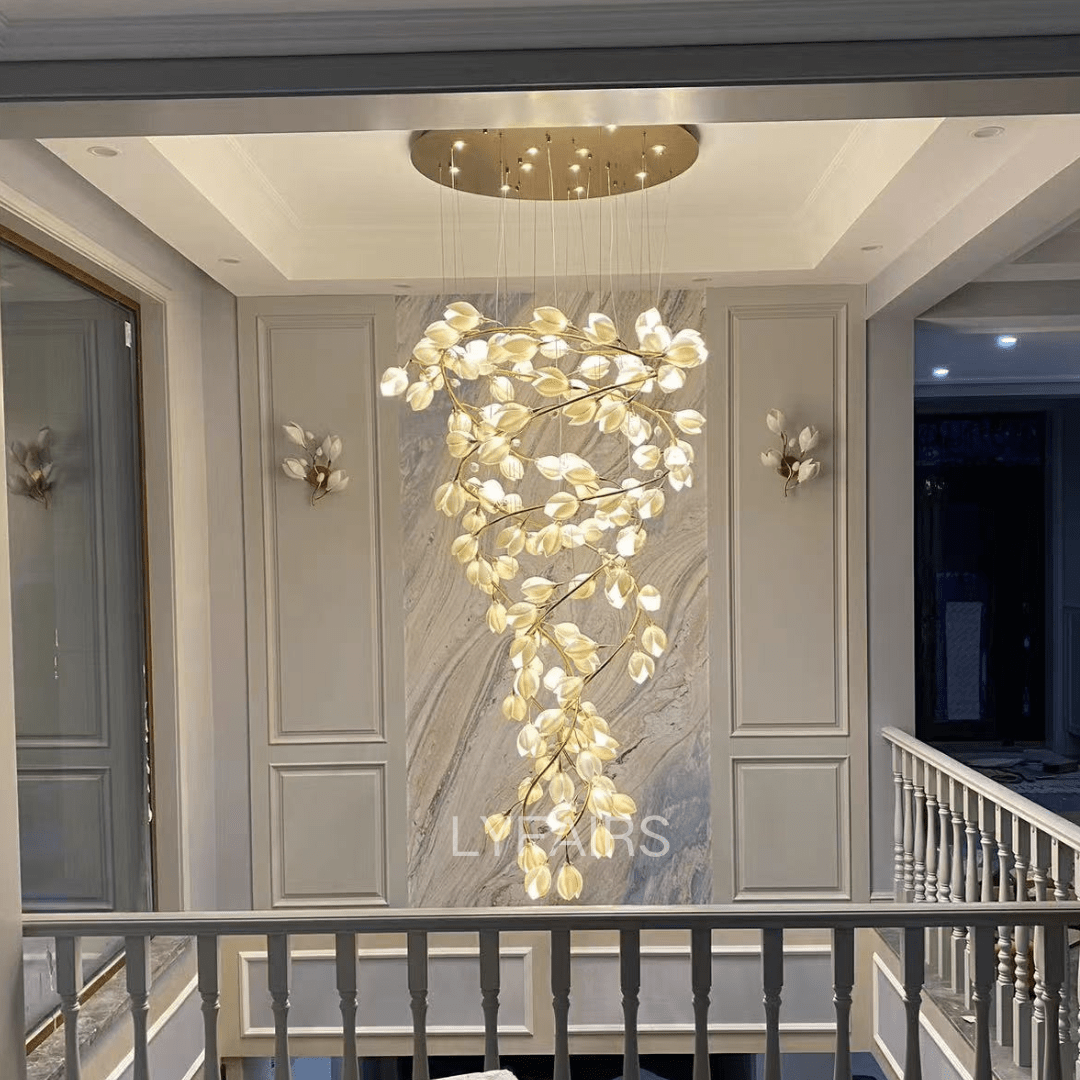 Spiral Pure White Magnolia Chandelier with Golden Branches for Staircase/High - ceiling Space/Foyer/ Duplex - D31.5"*H70.9"/36.9KgWarm LightJoyfuzzy