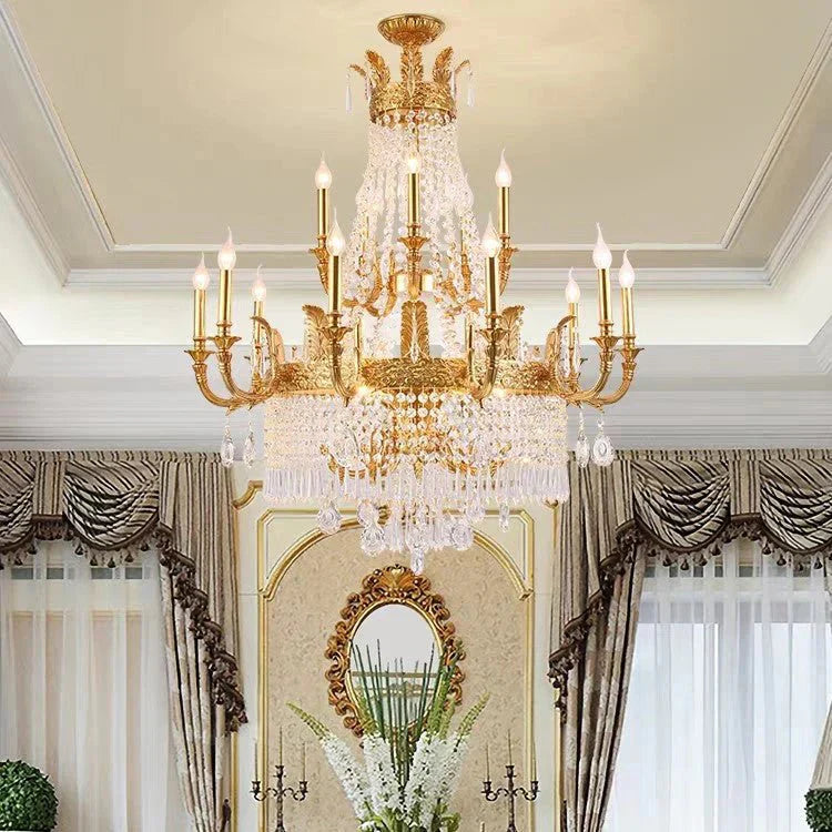 Stunning Oversized Luxury Golden Metal Candle Crystal Tassel Chandelier For High - ceiling - Joyfuzzy