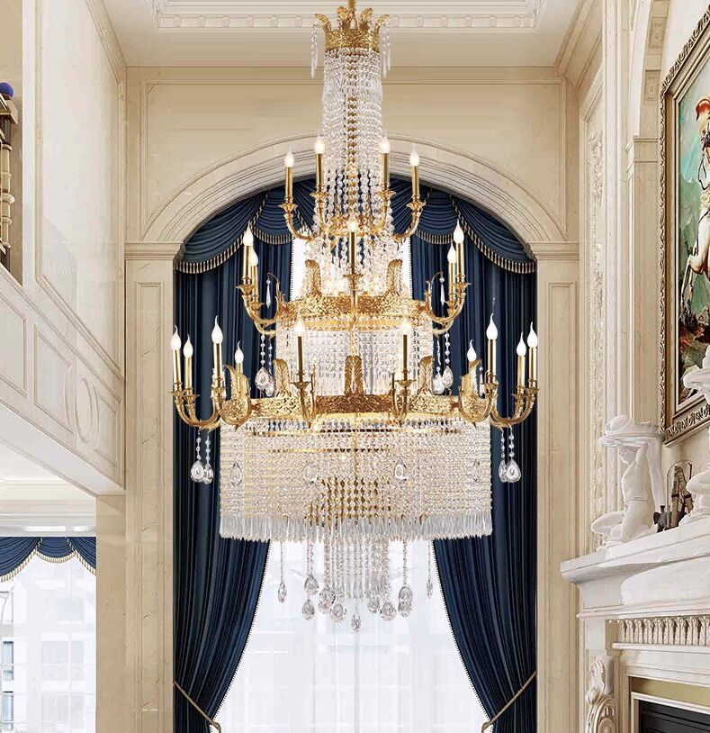 Stunning Oversized Luxury Golden Metal Candle Crystal Tassel Chandelier For High - ceiling - Joyfuzzy