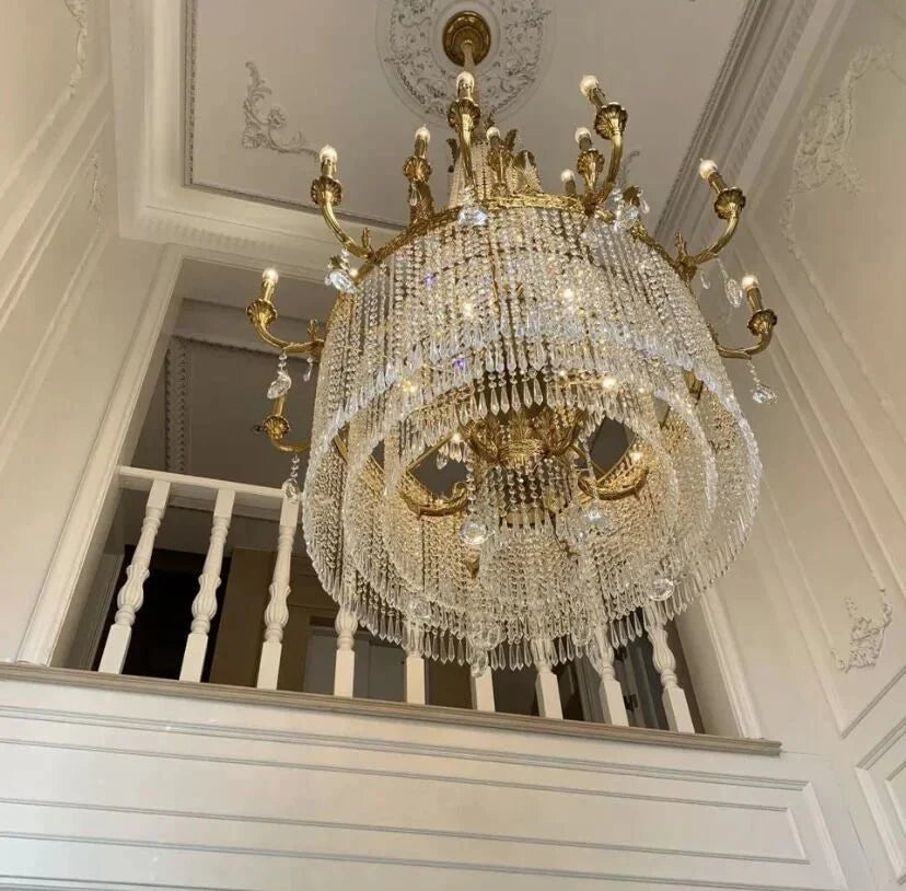 Stunning Oversized Luxury Golden Metal Candle Crystal Tassel Chandelier For High - ceiling - Joyfuzzy