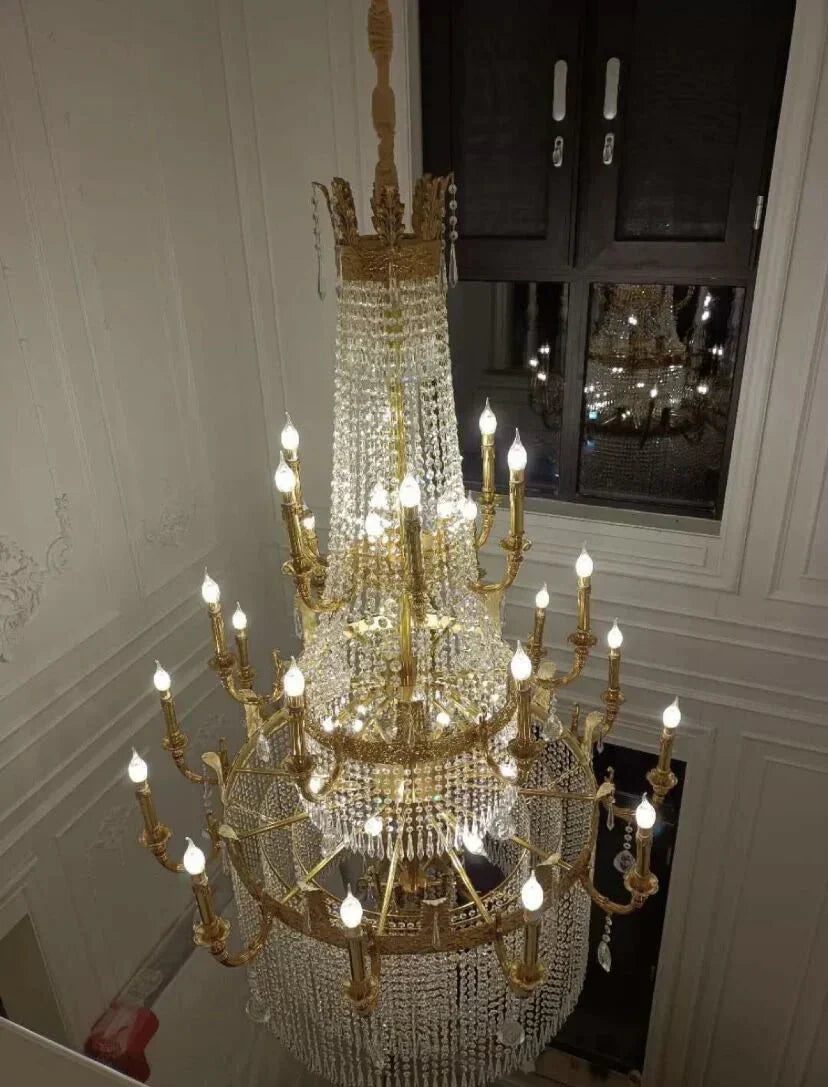 Stunning Oversized Luxury Golden Metal Candle Crystal Tassel Chandelier For High - ceiling - Joyfuzzy