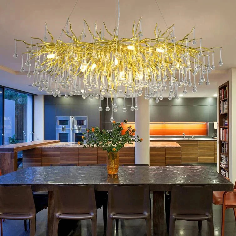 Stunning Tree Branch Crystal Chandelier with Clear Teardrop - shaped for Living/Dining Room - Round D25.6”*H15.8”/8 LightsChromeWarm LightJoyfuzzy