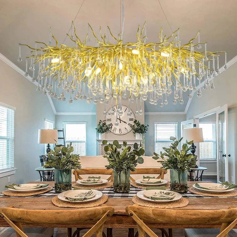 Stunning Tree Branch Crystal Chandelier with Clear Teardrop - shaped for Living/Dining Room - Round D25.6”*H15.8”/8 LightsChromeWarm LightJoyfuzzy