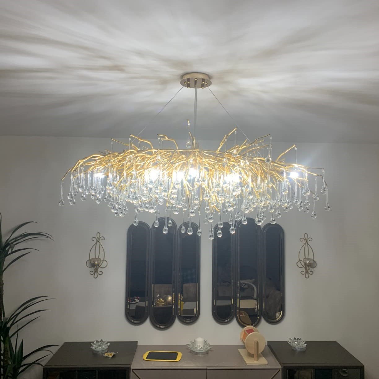 Stunning Tree Branch Crystal Chandelier with Clear Teardrop - shaped for Living/Dining Room - Round D25.6”*H15.8”/8 LightsChromeWarm LightJoyfuzzy