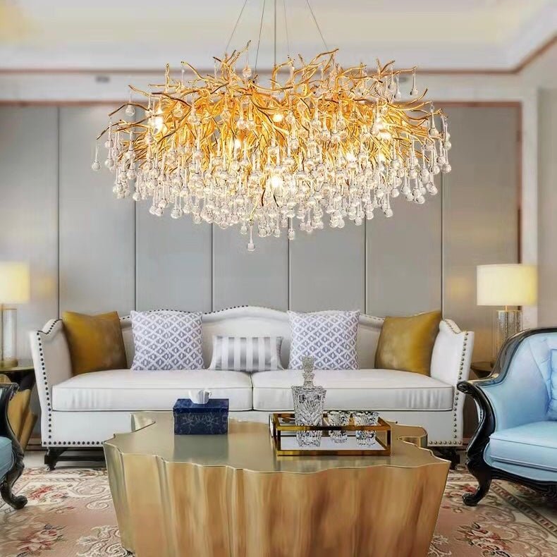 Stunning Tree Branch Crystal Chandelier with Clear Teardrop - shaped for Living/Dining Room - Round D25.6”*H15.8”/8 LightsGoldWarm LightJoyfuzzy