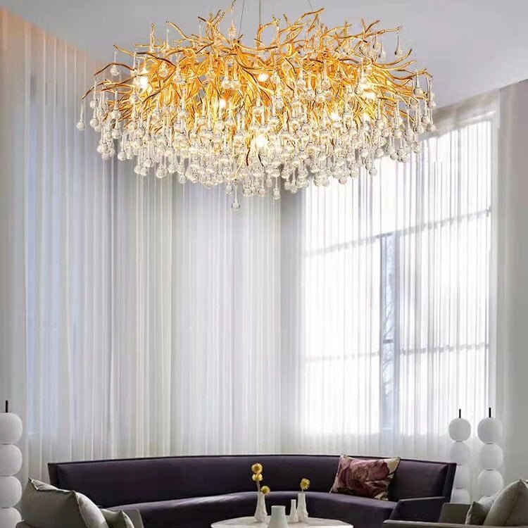 Stunning Tree Branch Crystal Chandelier with Clear Teardrop - shaped for Living/Dining Room - Round D31.5”*H21.7”/10 LightsGoldWarm LightJoyfuzzy