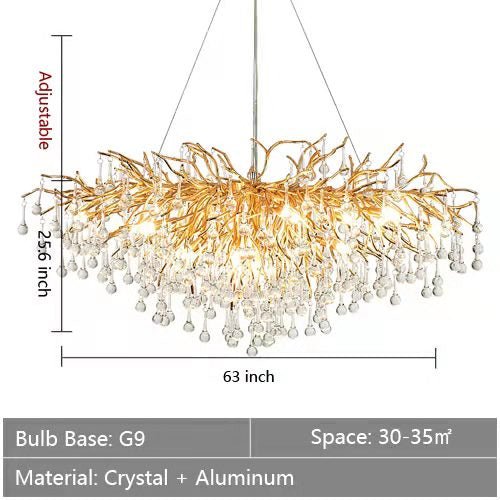 Stunning Tree Branch Crystal Chandelier with Clear Teardrop - shaped for Living/Dining Room - Rectangle L63”*W25.6”*H25.6”/15 LightsGoldWarm LightJoyfuzzy