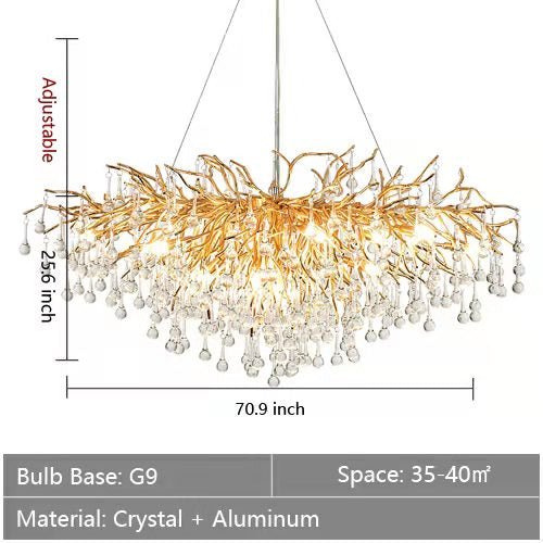 Stunning Tree Branch Crystal Chandelier with Clear Teardrop - shaped for Living/Dining Room - Rectangle L70.9”*W25.6”*H25.6”/18 LightsGoldWarm LightJoyfuzzy