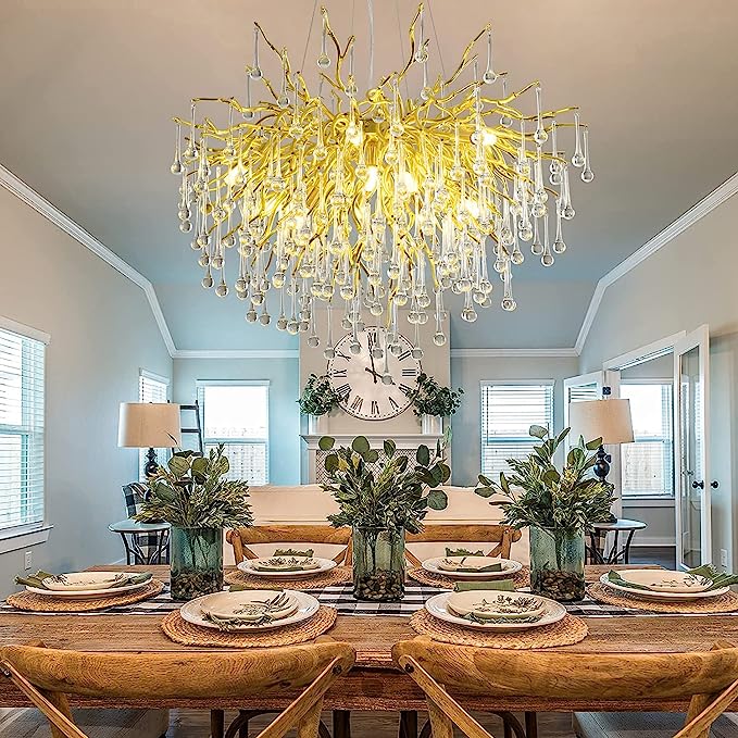 Stunning Tree Branch Crystal Chandelier with Clear Teardrop - shaped for Living/Dining Room - Round D25.6”*H15.8”/8 LightsChromeWarm LightJoyfuzzy