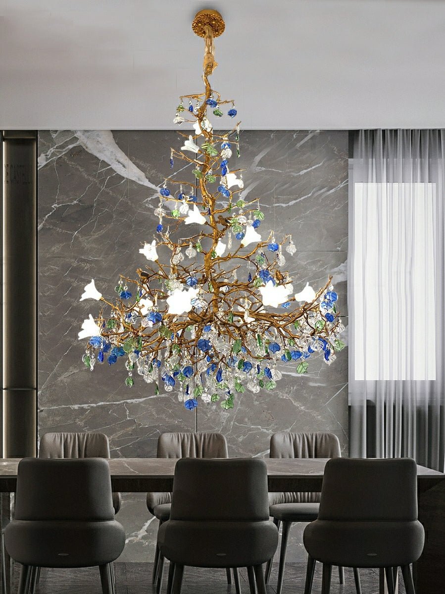 Stylish Colored Glaze Flower Crystal Chandelier Brass Tree Branch Ceiling Light For Living Room Hotel Hall - D35.4"*H43.3"/51kgWarm LightJoyfuzzy