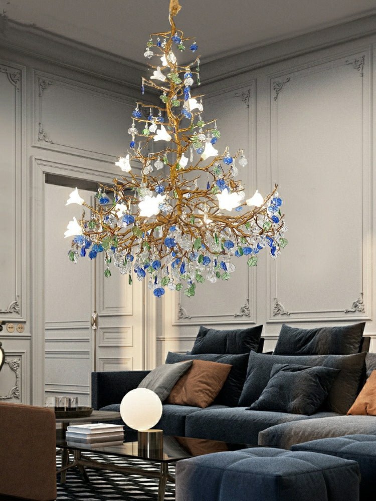 Stylish Colored Glaze Flower Crystal Chandelier Brass Tree Branch Ceiling Light For Living Room Hotel Hall - D35.4"*H43.3"/51kgWarm LightJoyfuzzy