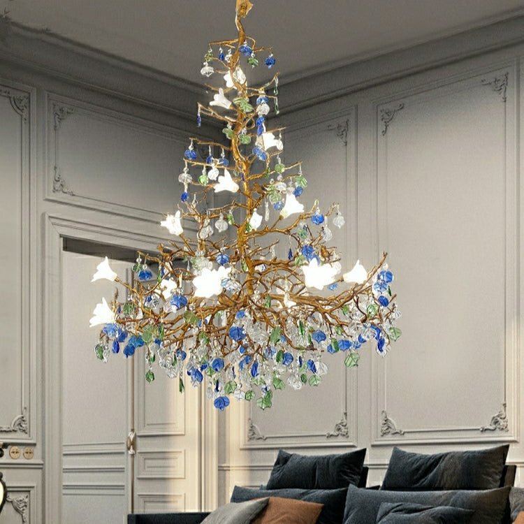 Stylish Colored Glaze Flower Crystal Chandelier Brass Tree Branch Ceiling Light For Living Room Hotel Hall - D35.4"*H43.3"/51kgWarm LightJoyfuzzy