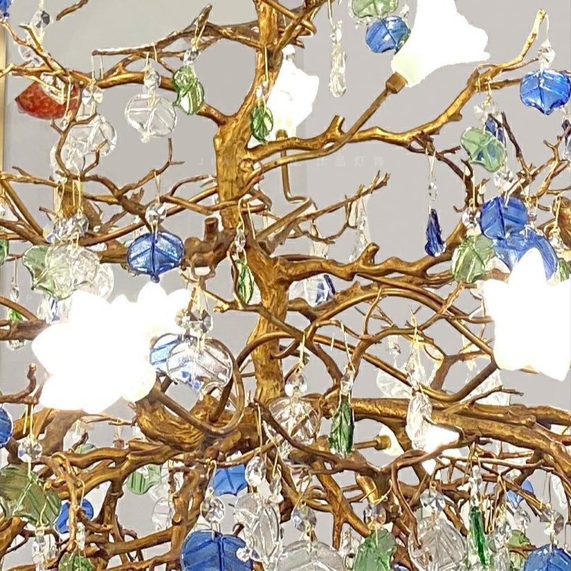 Stylish Colored Glaze Flower Crystal Chandelier Brass Tree Branch Ceiling Light For Living Room Hotel Hall - D35.4"*H43.3"/51kgWarm LightJoyfuzzy