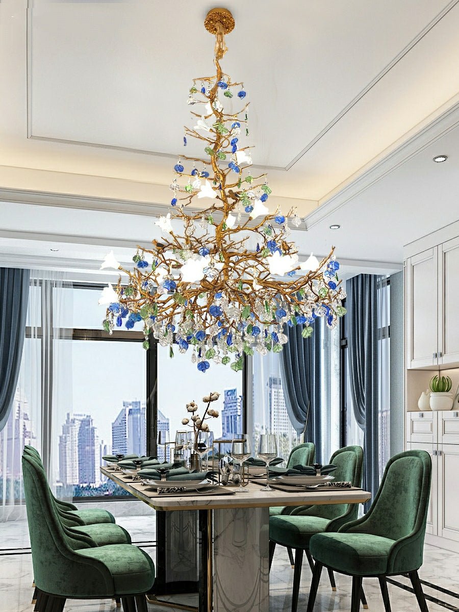 Stylish Colored Glaze Flower Crystal Chandelier Brass Tree Branch Ceiling Light For Living Room Hotel Hall - D35.4"*H43.3"/51kgWarm LightJoyfuzzy