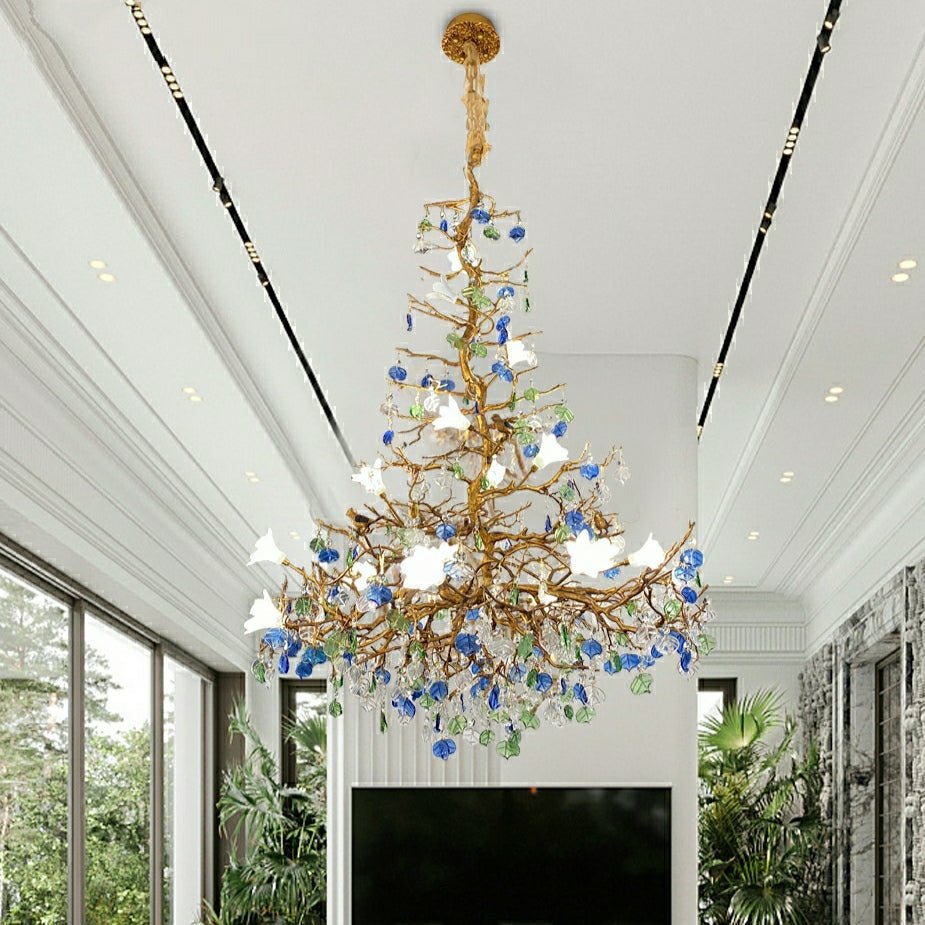 Stylish Colored Glaze Flower Crystal Chandelier Brass Tree Branch Ceiling Light For Living Room Hotel Hall - D35.4"*H43.3"/51kgWarm LightJoyfuzzy