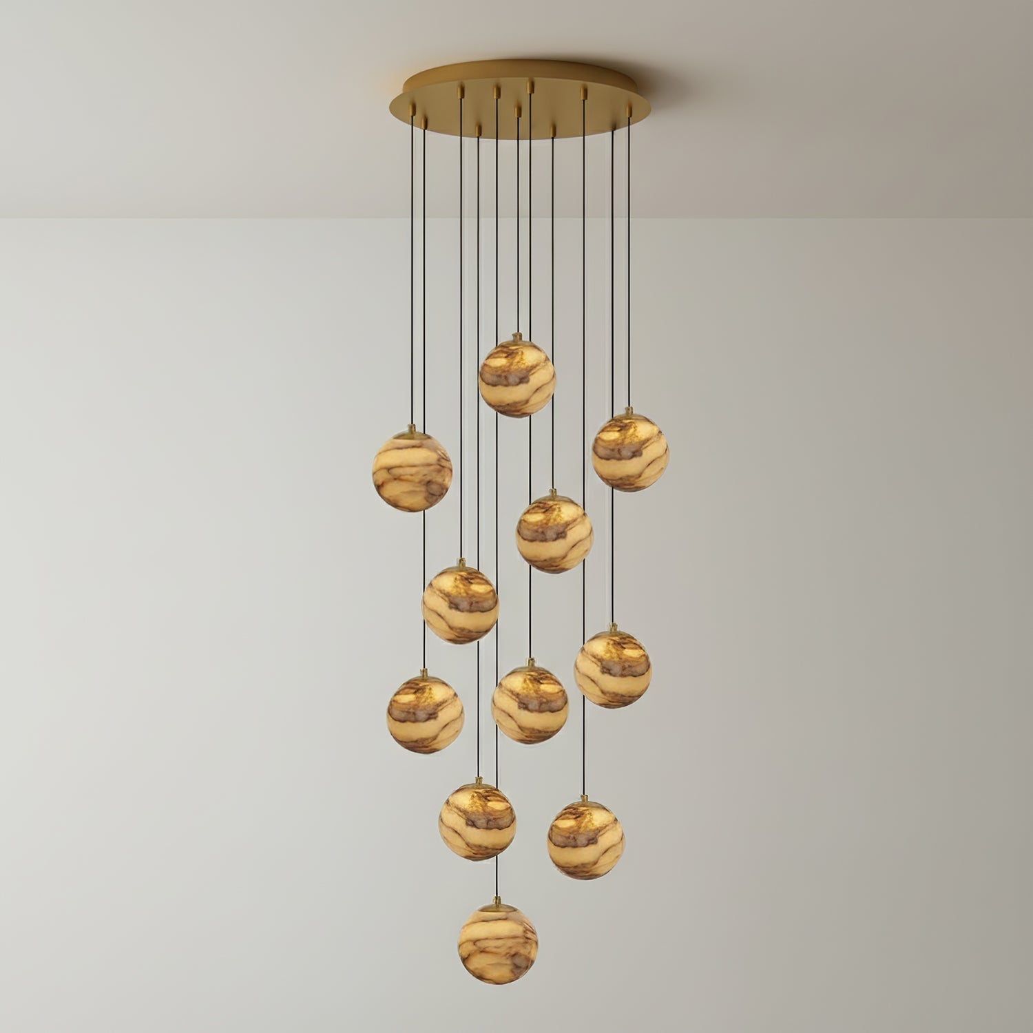 Sultana Alabaster Cluster Chandelier - 11 - Lights Size: ∅ 15.7″ x H 118″Gold & Natrue Alabaster ColorJoyfuzzy