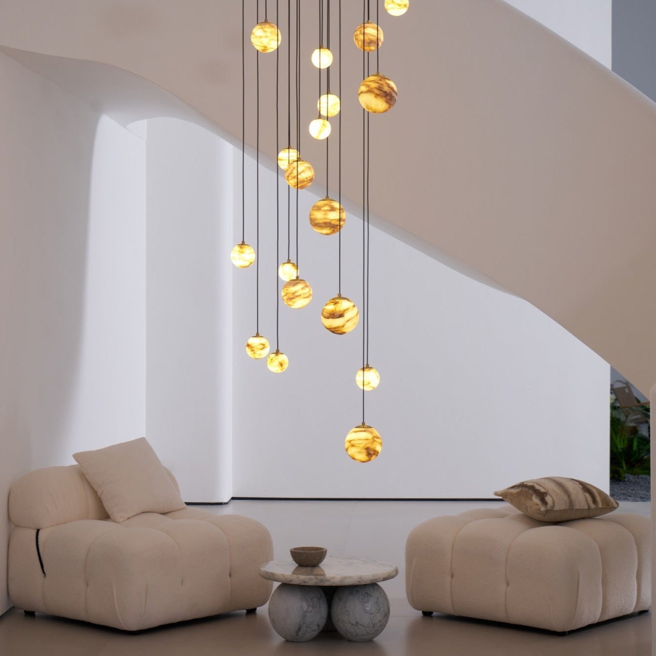 Sultana Alabaster Cluster Chandelier - 3 - Lights Size: ∅ 7.9″ x H 78.7″Gold & Natrue Alabaster ColorJoyfuzzy