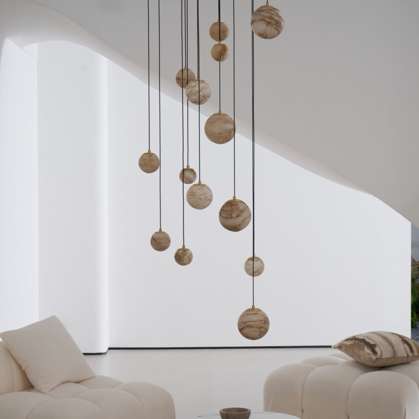 Sultana Alabaster Cluster Chandelier - 3 - Lights Size: ∅ 7.9″ x H 78.7″Gold & Natrue Alabaster ColorJoyfuzzy