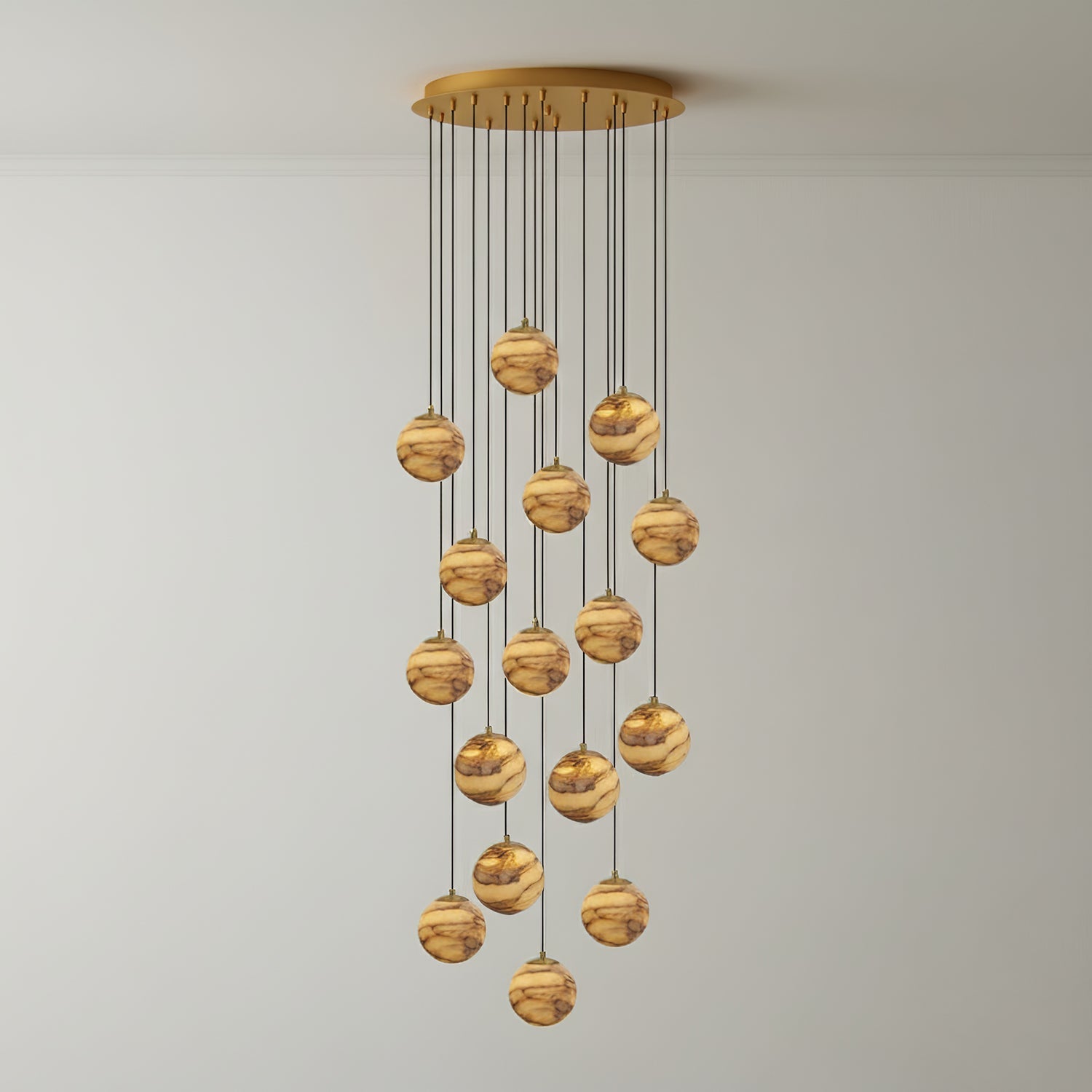 Sultana Alabaster Cluster Chandelier - 16 - Lights Size: ∅ 19.7″ x H 118″Gold & Natrue Alabaster ColorJoyfuzzy