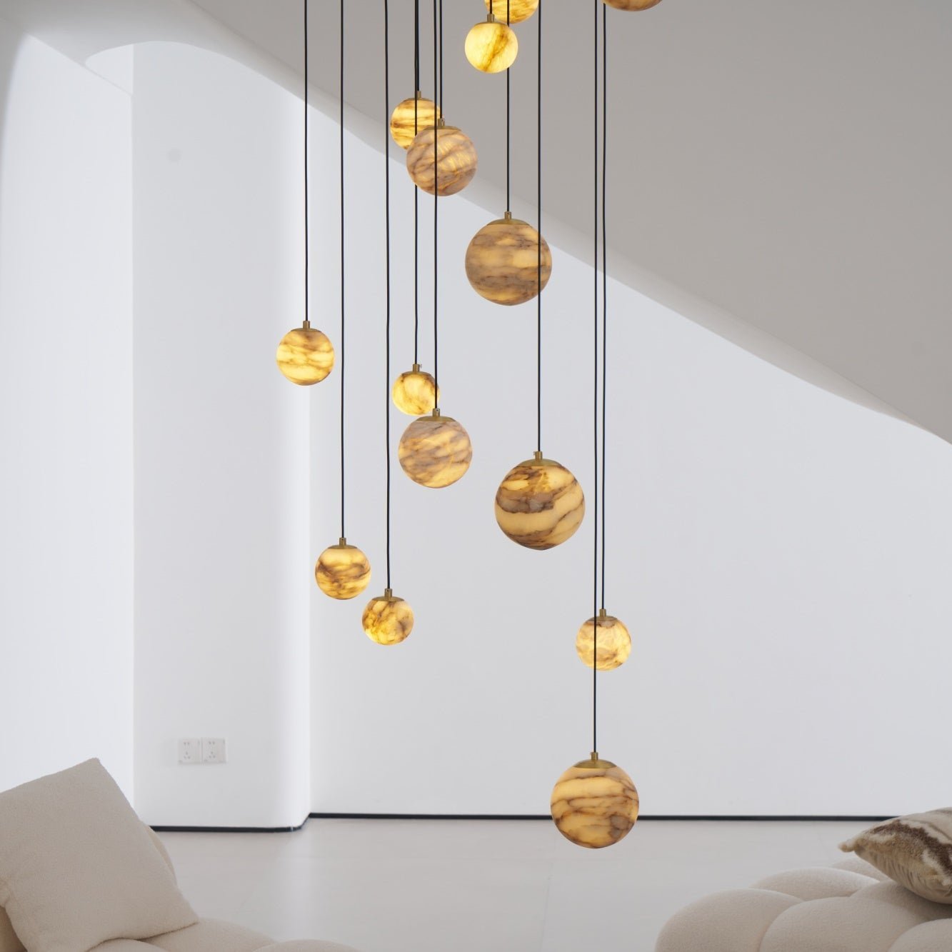 Sultana Alabaster Cluster Chandelier - 3 - Lights Size: ∅ 7.9″ x H 78.7″Gold & Natrue Alabaster ColorJoyfuzzy