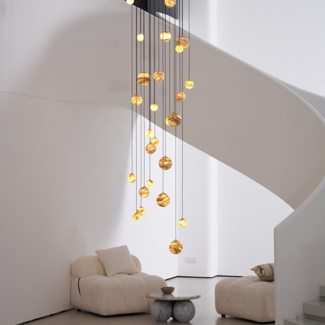 Sultana Alabaster Cluster Chandelier - 3 - Lights Size: ∅ 7.9″ x H 78.7″Gold & Natrue Alabaster ColorJoyfuzzy