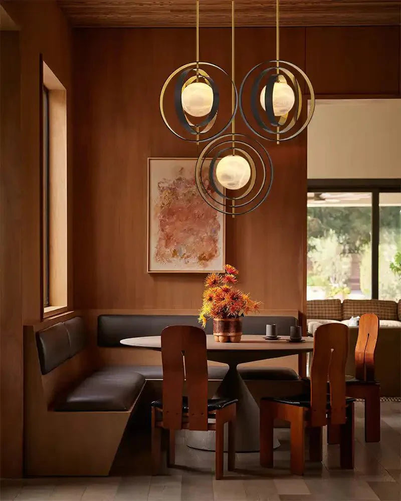 White Alabaster Round Ceiling Pendant Lamp - Gold & Bronze Rotatable Ring - Joyfuzzy