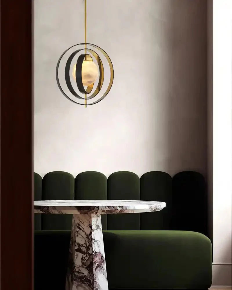 White Alabaster Round Ceiling Pendant Lamp - Gold & Bronze Rotatable Ring - Joyfuzzy